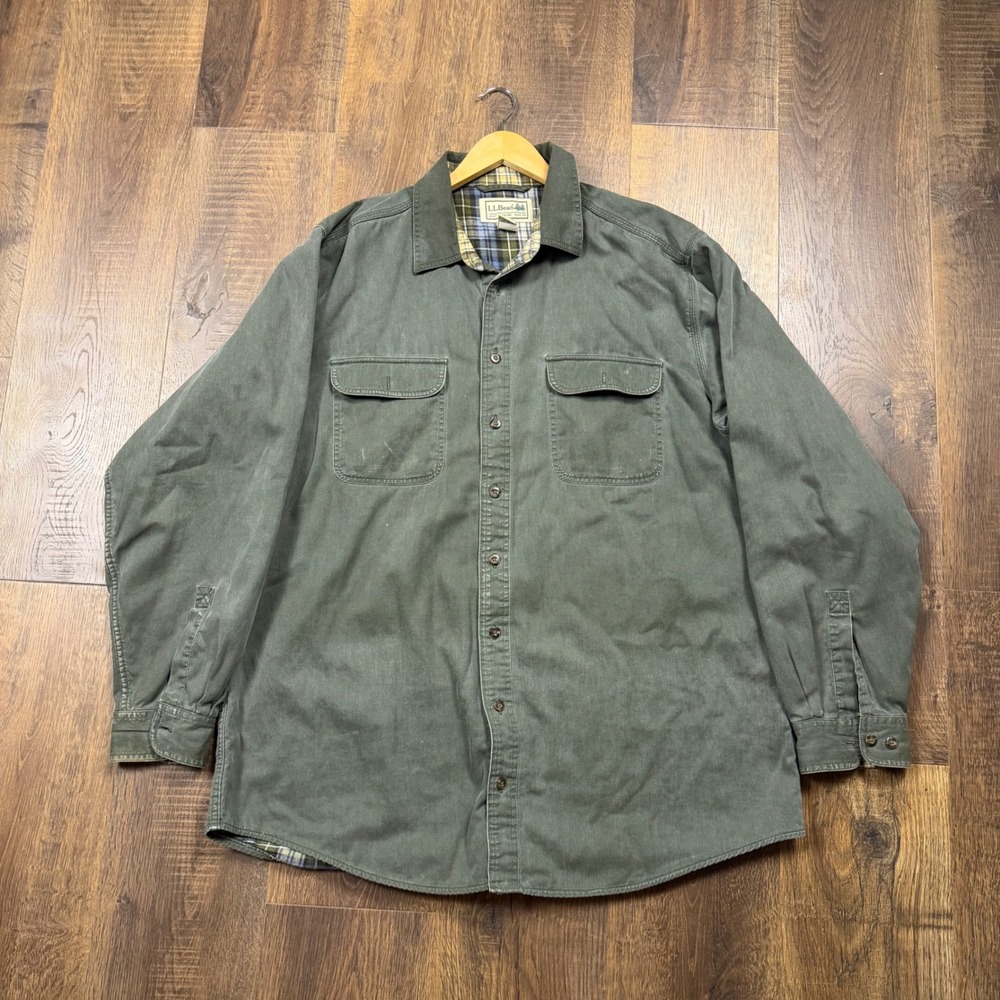 L.L.Bean Men's XL Tall Chamois Shirt Jacket Green Plaid Lined Cotton Overshirt